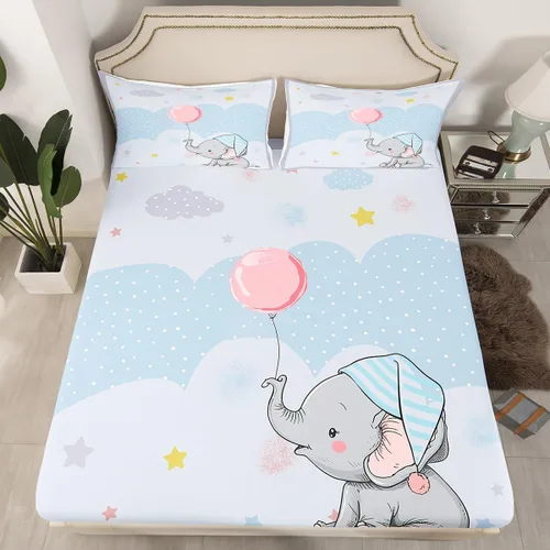 Miniatura 9 de Castle Fairy Kawaii - Sábana bajera ajustable tamaño individual, diseño de elefante blanco y gris, suave y lujoso, juego de sábanas de dibujos