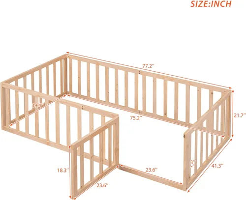 Miniatura 2 de MERITLINE Base de cama de tamaño individual para niños, cama de madera para niños con valla, cama Montessori con puerta, para niños mayores de 6