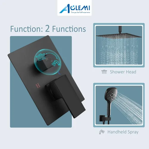 Miniatura 4 de Aolemi Sistema de ducha de montaje en techo de 16 pulgadas, cabezal de ducha de lluvia negro mate con 3 funciones, rociador de mano ABS para baño