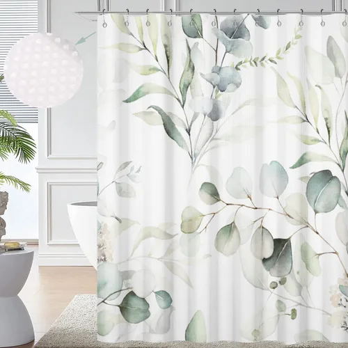 Miniatura 34 de Cortina de ducha de eucalipto, hojas verdes de acuarela en la parte superior con cortina de baño floral, decoración de baño para bañera, tela Hoja