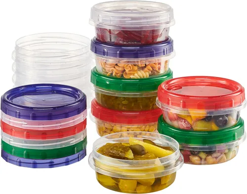 Elegant Disposables Contenedores de plástico de 8 onzas para almacenamiento de alimentos con tapas superiores giratorias de colores, reutilizables,