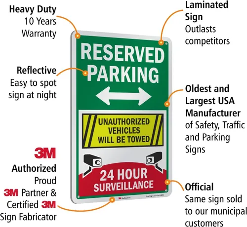 Miniatura 4 de SmartSign Letrero metálico de 18 x 12 pulgadas con texto en inglés «Reserved Parking – Unauthorized Vehicles Will Be Towed, 24 Hour Surveillance