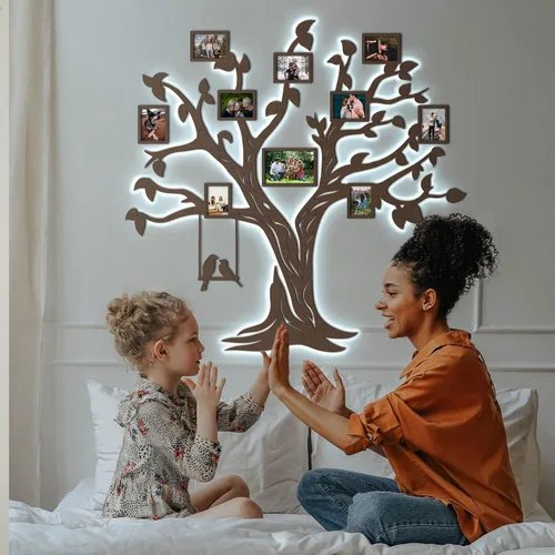 Miniatura 2 de JustLikeWood Calcomanías de pared de árbol genealógico de madera 3D LED de 51 x 50 pulgadas con marco, decoración de pared para sala de estar, Nogal