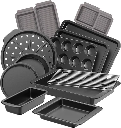 Miniatura 12 de Juegos de utensilios de hornear HONGBAKE, juego de sartenes para hornear, sartén antiadherente para horno de cocina con asas más anchas, juego de 10
