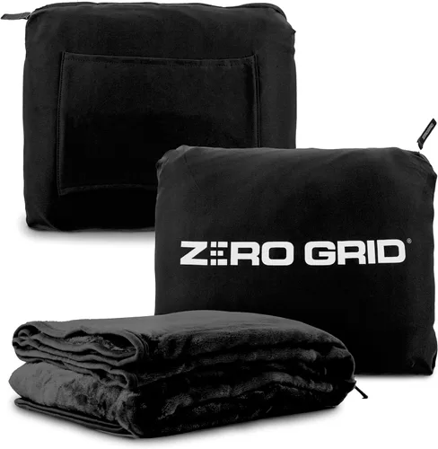Zero Grid Manta de viaje ligera – Manta de avión compacta de primera calidad con broches para el cuello, bolsillos acogedores para los pies, bolsa