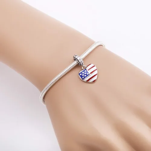 Miniatura 5 de Abalorio de plata de ley 925 con diseño de bandera estadounidense y corazón para pulsera europea