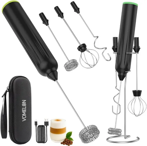 Miniatura 13 de Espumador de leche de mano con 3 batidores de acero inoxidable, mezclador eléctrico recargable de bebidas con soporte y estuche de viaje, espumador