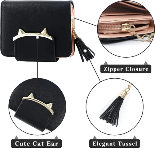 Miniatura 3 de heysun Mujer adorable pequeño cartera Orejas de gato cartera Dinero Clip Tarjeta de diseñador caso, negro