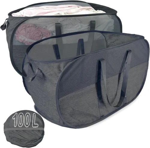 Miniatura 13 de Cesta de lavandería desplegable de malla extra grande de 100 litros con tapa y asas, paquete de 2, cesta de ropa sucia plegable XL