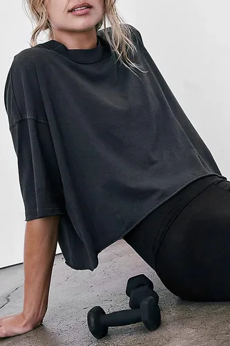 Miniatura 4 de Camisetas cortas de entrenamiento de gran tamaño para mujer, estilo casual, de manga corta, hombros caídos, con dobladillo enrollable, básicas