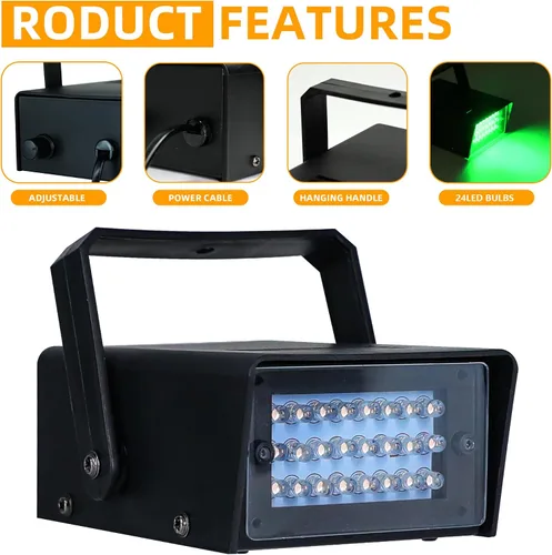 Miniatura 9 de ENUOLI Mini luz estroboscópica LED color verde con 24 LED súper brillantes control de velocidad variable para efecto de luz de escenario DJ