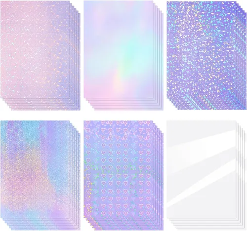 Miniatura 7 de 60 hojas de hojas holográficas laminadas de purpurina transparente tamaño A4, papel adhesivo de vinilo con superposición holográfica, película