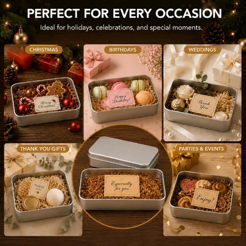 Miniatura 8 de Paquete de 8 cajas de latas de metal vacías con tapa, latas de galletas rectangulares de metal plateado para golosinas, regalos, regalos, velas