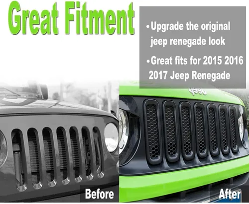 Miniatura 4 de YMT - 7 piezas de rejilla frontal de malla negra para Jeep Renegade 2015 2016 2017 2018