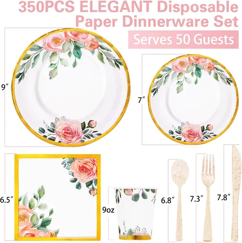 Miniatura 2 de Juego de 350 platos de papel floral, platos desechables con borde dorado para 50 invitados, suministros de fiesta para adultos, jardín, fiesta