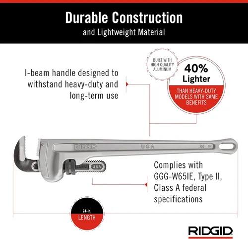 Miniatura 4 de RIDGID 31105 Llave de tubo recta de aluminio modelo 824, llave de fontanería de 24 pulgadas, gris