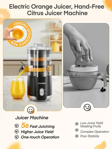 Miniatura 6 de FOHERE Exprimidor eléctrico de cítricos, máquina exprimidora de naranja manos libres con 2 conos intercambiables, exprimidor automático de jugo