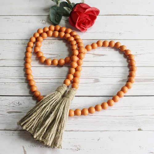 Miniatura 2 de CVHOMEDECO. Guirnalda de cuentas de madera con borlas, diseño rústico de granja, cadena de cuentas de oración para colgar en la pared, acento