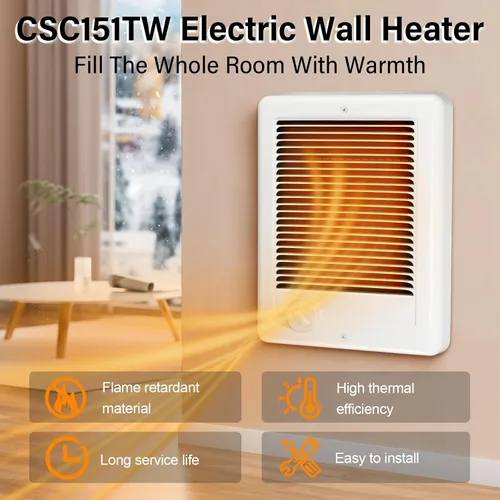 Miniatura 2 de CSC151TW Calefactor Eléctrico de Pared Unidad Completa Con Termostato, 120 Voltios 1500 Vatios, Ventilador Centrífugo de Alta Eficiencia Para Blanco
