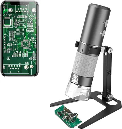 Microscopio digital de mano Jiusion WiFi USB, endoscopio de aumento inalámbrico de 50 a 1000x, cámara 4K 3840x2160P, 8 LEDs con soporte de metal Gris