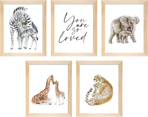 L&O Goods - Pósteres enmarcados para decoración de guardería de animales para mamá y bebé, juego de 5 impresiones de decoración de habitación de