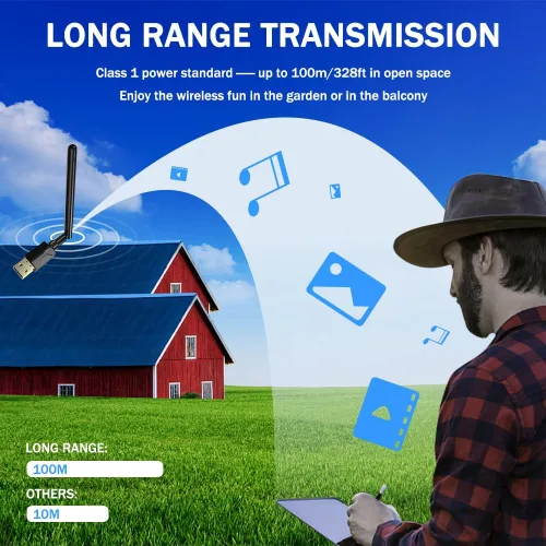 Miniatura 8 de Adaptador USB Bluetooth 5.1 para PC de escritorio: dongle inalámbrico de largo alcance de 300 pies con antena de 5dBi Plug & Play para portátil
