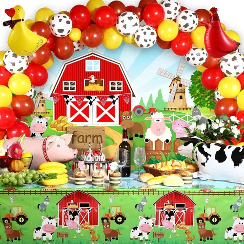 Decoraciones temáticas de animales de granja para fiesta, fondo de granja, banner de animales de granja, decoración de granja, mantel, arco de Rojo