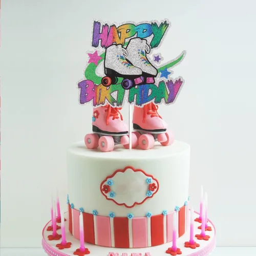 Miniatura 5 de Patín de ruedas Happy Birthday Cake Topper Colorido Rolling Retro Girl Club Hip Hop Tema Fiesta Pastel Decoración Suministros para Niñas
