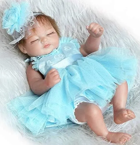 Pinky - Mini muñeca de vinilo duro de silicona de cuerpo completo de 10.2 in, muñecas recién nacidas realistas con vestido azul, regalo de