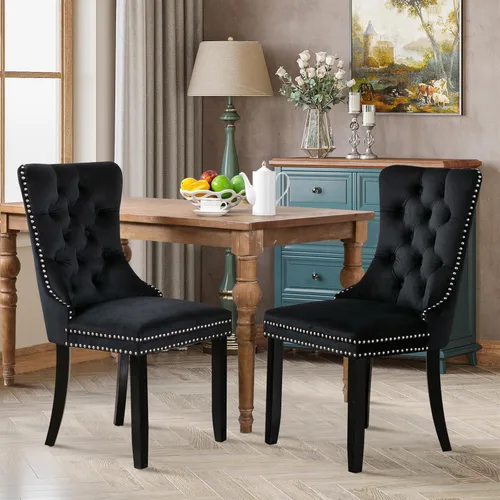 Miniatura 29 de Juego de 2 sillas de comedor tapizadas de tela de lino, sillas de cocina modernas de mediados de siglo con respaldo alto, ribete de cabeza de clavo