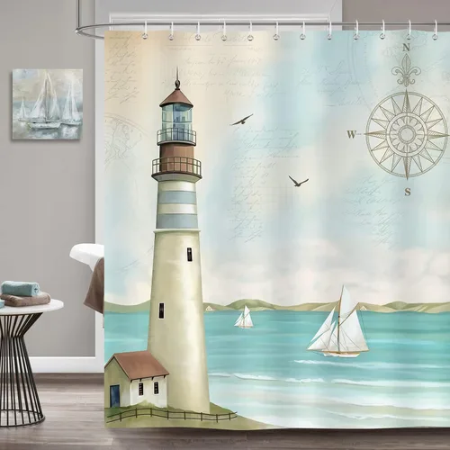 Miniatura 2 de Cortina de Ducha Bonhause Lighthouse, Decoración de Baño Náutica Costera con Velero y Brújula, 72 x 72 Pulgadas, Tela de Poliéster Impermeable