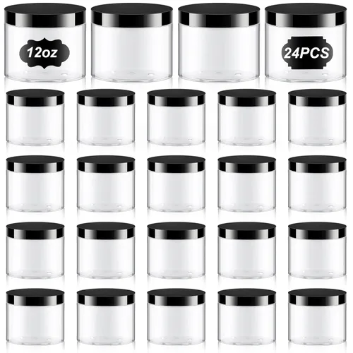 Miniatura 34 de Dandat 24 piezas 8 oz tarro de plástico con tapa y etiqueta recargable, contenedor redondo transparente vacío con muestras cosméticas PET blancas
