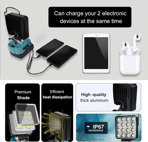 Miniatura 4 de Luz de Trabajo LED Inalámbrica Compatible con Batería Makita de 18V, Linterna de 48W 3400LM Luz de Inundación Portátil con Puertos USB y Tipo C