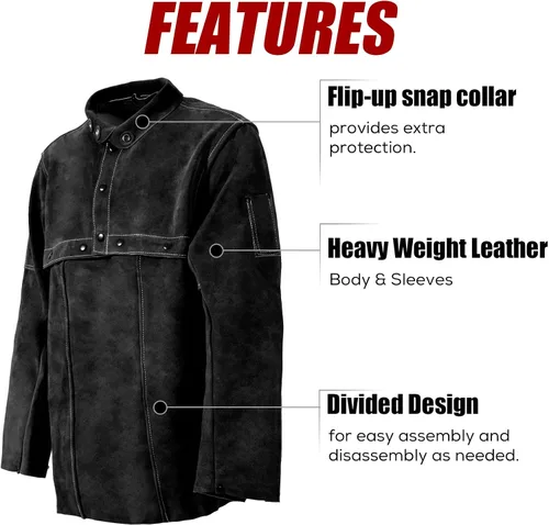 Miniatura 5 de LeaSeek Chaqueta de Soldadura de Cuero - Delantal de Soldadura de Servicio Pesado con Manga, Cuero de Vaca Resistente al Calor y al Fuego