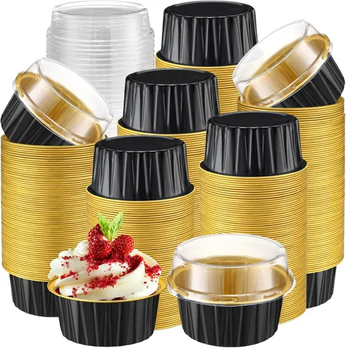 Miniatura 24 de Gejoy 400 Piezas Moldes de Papel de Aluminio para Hornear con Tapas 5 oz Moldes Desechables Ramekins Mini Moldes para Pasteles Crème Brûlée Moldes