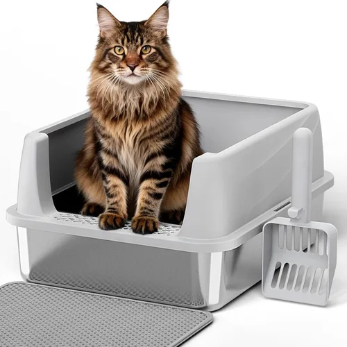 Henkelion Caja de arena para gatos de acero inoxidable con tapa, caja de arena extra grande para gatos grandes con lados altos, antiadherente,