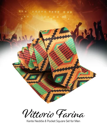 Miniatura 35 de Juego de corbata Kente con estampado africano y animal y pañuelo de bolsillo a juego