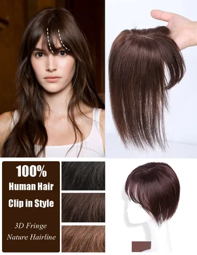 Miniatura 2 de Parte media parte de seda parte base cabello humano Topper 2.8x3.9 in frente recto clip en postizo con flecos Wispy 7.9 in negro apagado