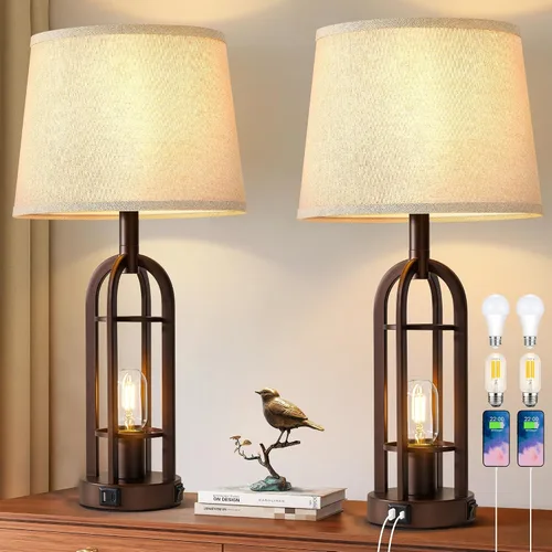Miniatura 11 de SRJJA Juego de 2 lámparas de mesa negras para sala de estar, lámparas de granja para mesitas de noche con USB A+C, lámparas de noche