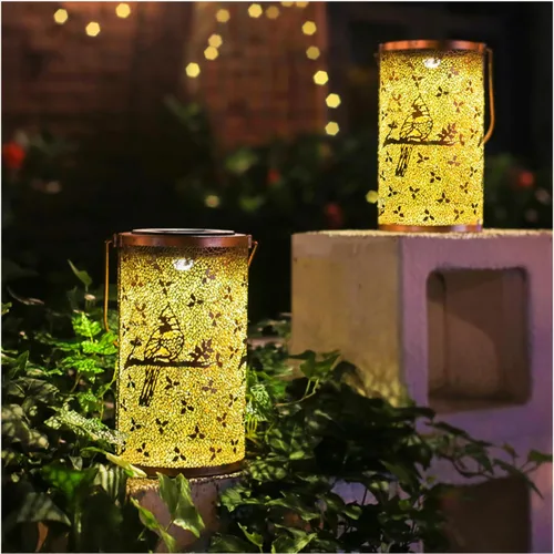 Miniatura 10 de Paquete de 2 linternas solares colgantes de abejas al aire libre, impermeables, luces LED solares de metal, linternas decorativas para jardín
