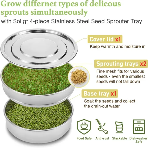 Miniatura 3 de SOLIGT Kit apilable de germinación de semillas de acero inoxidable, bandejas de germinación de malla de 2 niveles, 1 base y 1 tapa de cubierta