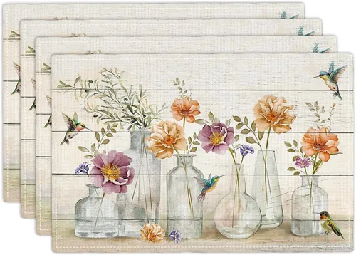 Juego de 4 manteles individuales florales y colibríes, lavables, para decoración del hogar, fiesta, interior, cocina, comedor, 12 x 18 pulgadas