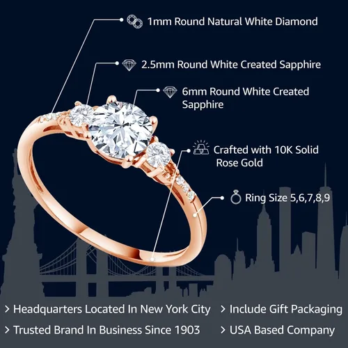 Miniatura 77 de Gem Stone King Anillo de compromiso de 3 piedras preciosas redondas de oro rosa de 10 quilates, 0.236 in, piedra natal, zafiro blanco y diamante