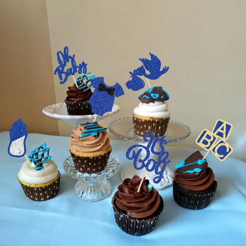 Miniatura 8 de 24 piezas de decoración para cupcakes de baby shower Oh Baby con moño, botella para niño, azul profundo, purpurina para pasteles, decoraciones
