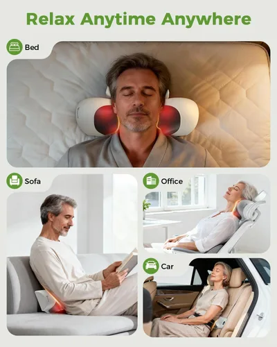 Miniatura 6 de Almohada masajeadora de cuello 3 en 1 mejorada con calor, masajeador de cuello inalámbrico portátil para aliviar el dolor de tejido profundo, Gris
