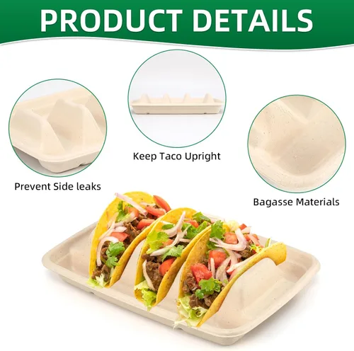 Miniatura 4 de 25 soportes desechables para tacos para fiestas, platos de taco de fibra de pulpa de bagazo con 3 divisores para reunión, soporte para bandeja