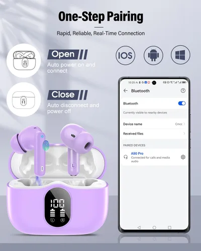 Miniatura 5 de Auriculares inalámbricos, Bluetooth 5.4, estéreo de bajos, auriculares con micrófono con cancelación de ruido, pantalla LED en el oído, llamadas