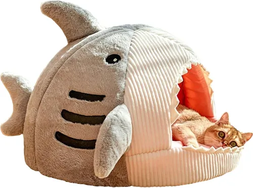 QWINEE Alfombrilla para Gatos en Forma de Tiburón Caseta Cama para Gatitos Refugio Casa Cálida Suave Cómoda Semi-Cerrada Nido para Gatos y Perros