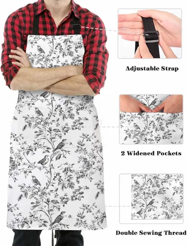 Miniatura 3 de Delantales de pájaros de flores para mujeres y hombres con bolsillos, diseño retro de ramas de árbol blanco y negro, floral, ajustable, impermeable