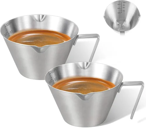 Miniatura 12 de 2 piezas de tazas de espresso de acero inoxidable con asa, taza medidora de metal de doble boquilla con doble escala, taza de espresso con boca